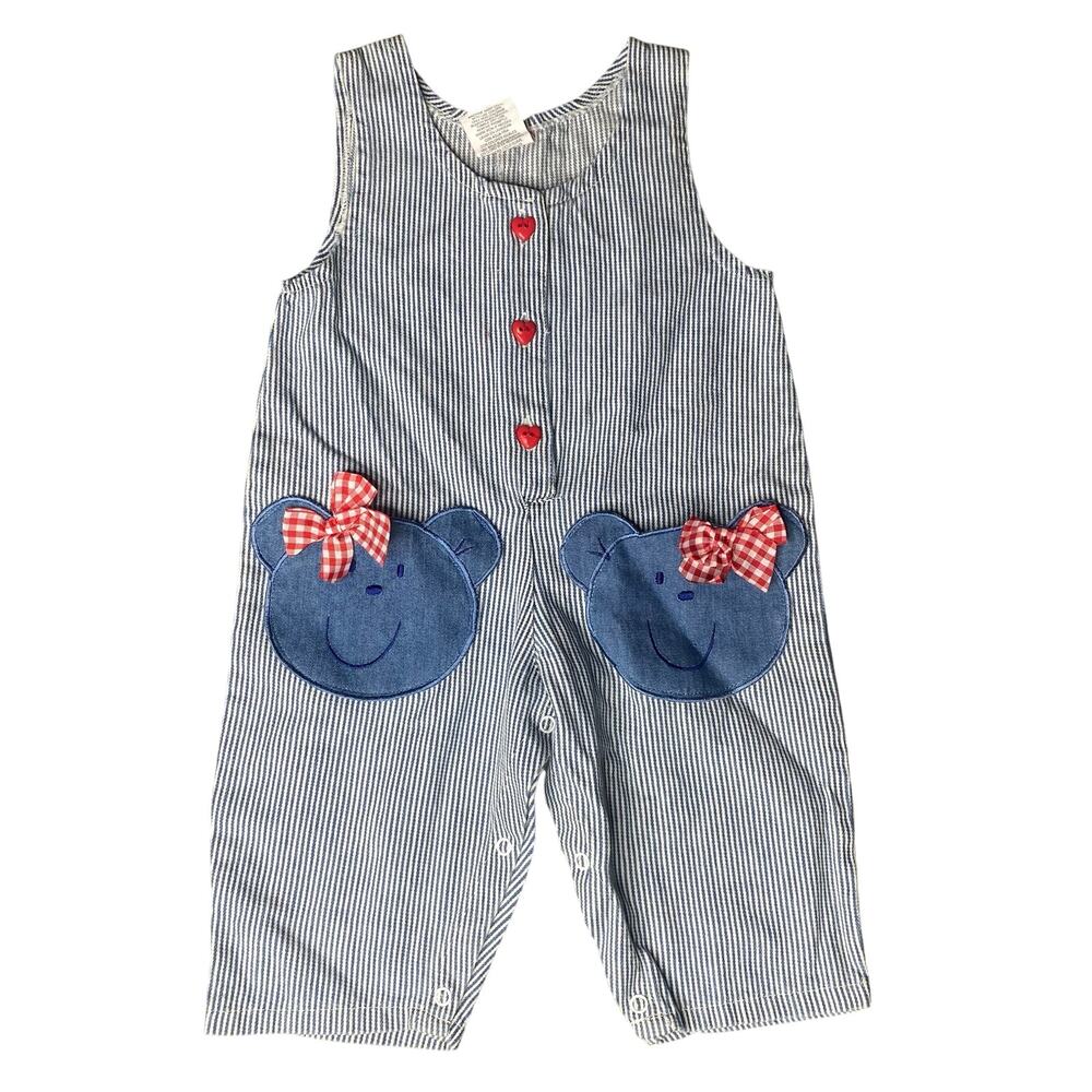 Vintage Hopscotch Little Baby Girl 0-6m Pinstripe Teddy Pocket Overalls